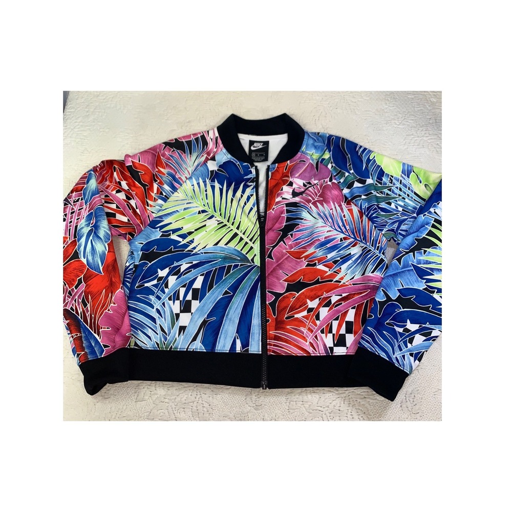 Nike Sportswear Tropical Palm Print Bomber Jacket Cropped AR2220-010 Womens M
